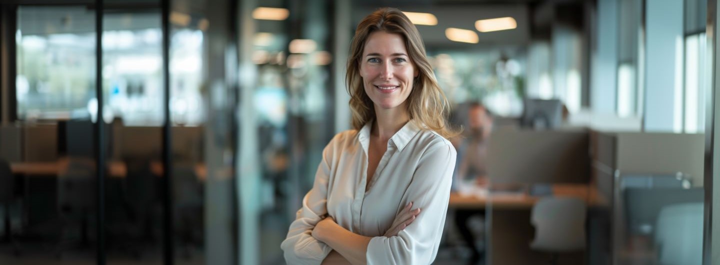 Leadership Weiterbildung: eine junge Chefin steht in einem modernen Büro und lächelt selbstbewusst in die Kamera