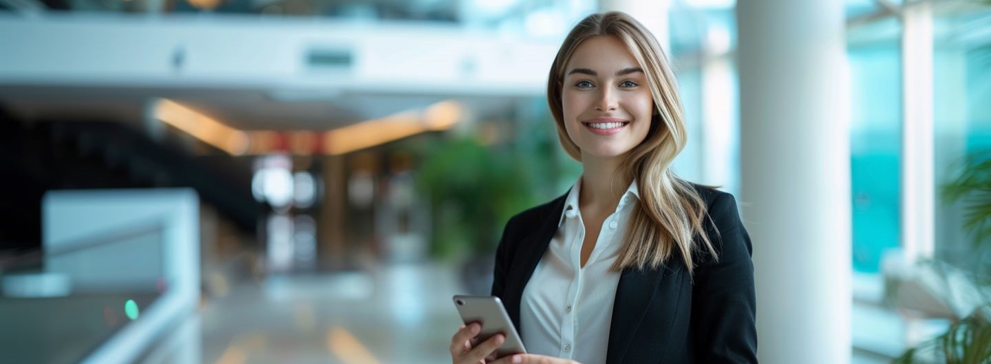 Manager für Digitalisierung Weiterbildung: eine Managerin für Digitalisierung steht mit dem Smartphone in der Hand in einer Firmenlobby