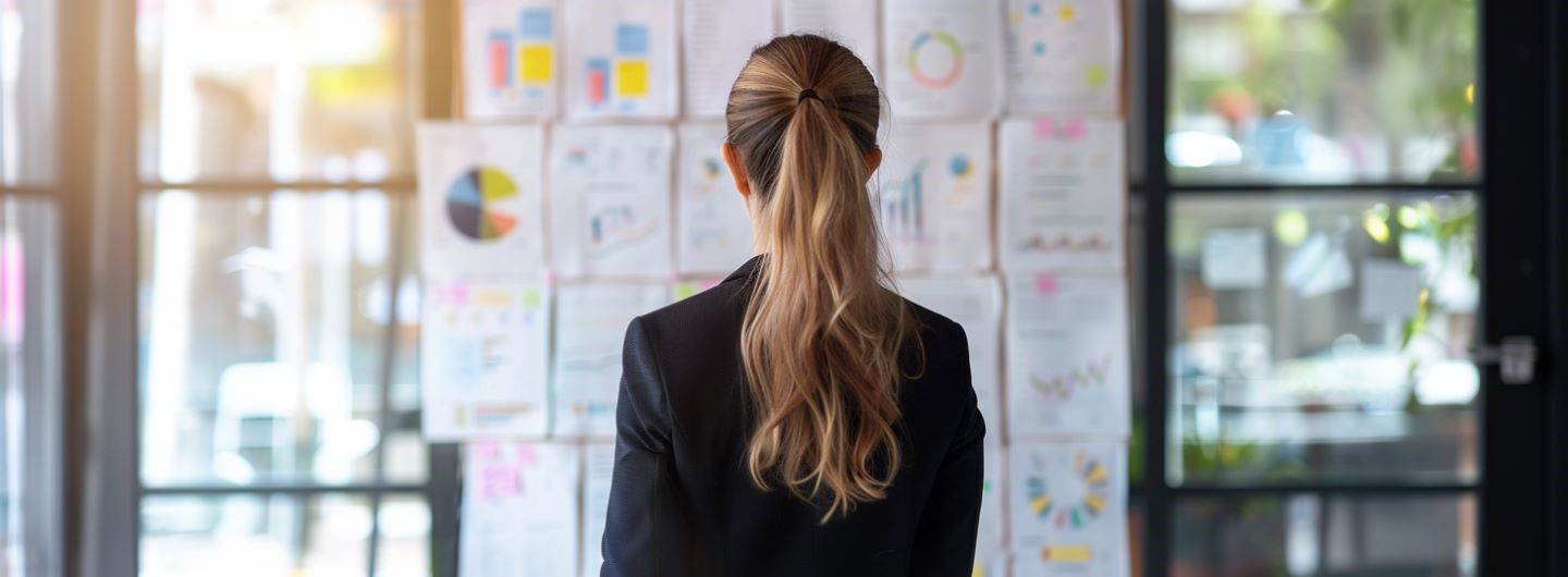 Markenführung Weiterbildung: eine Businessfrau steht vor einem Sheet mit Statisken und Plänen für eine neue Marke