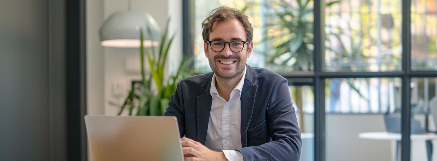 Market Research Consultant Weiterbildung: ein Market Research Consultant sitzt am Laptop und lächelt in die Kamera