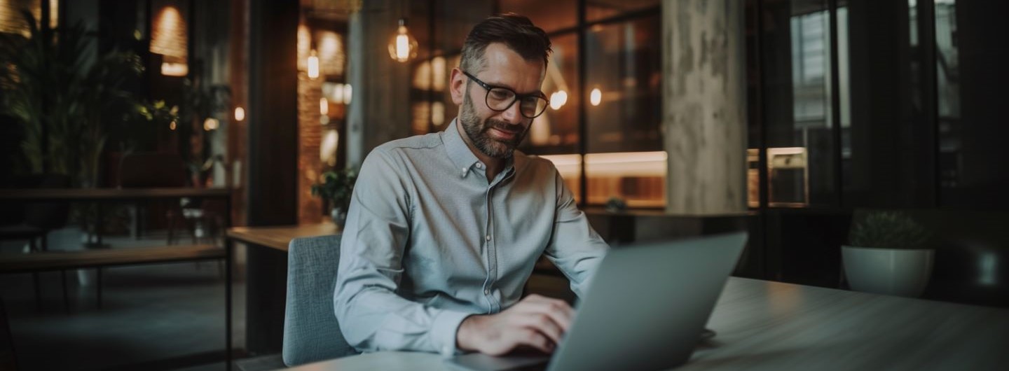 Marketing Automation Weiterbildung: ein Marketing Manager sitzt in seinem Büro am Laptop