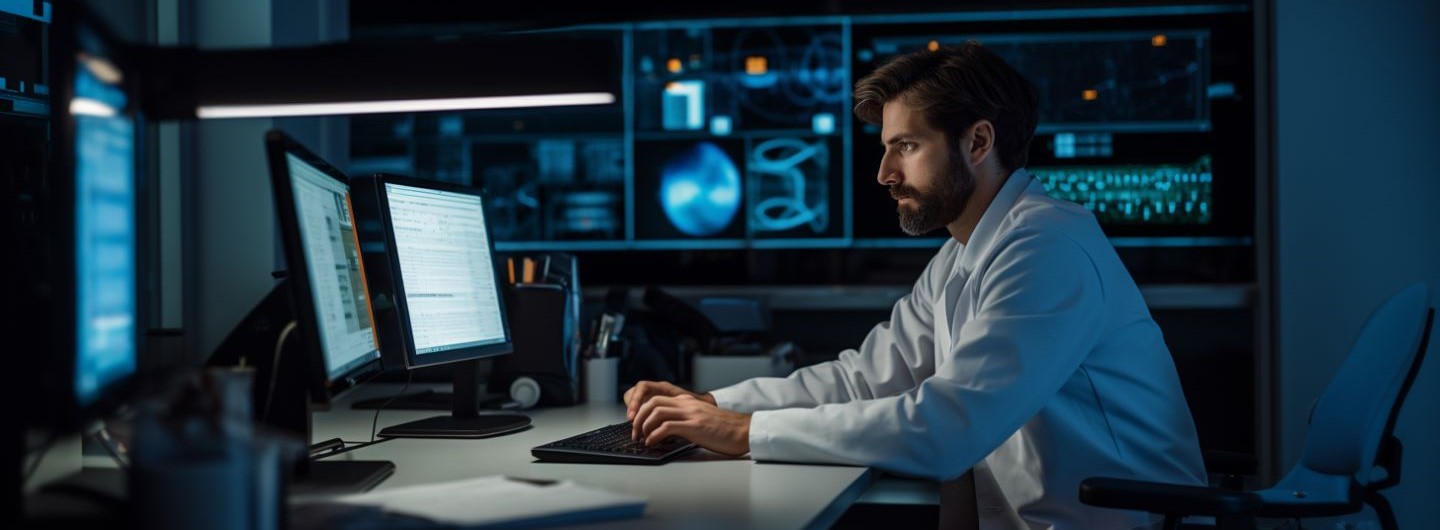 Medizinische Informatik Studium: Ein junger Medizininfomatiker analysiert Daten an seinem PC im Büro eines Krankenhauses