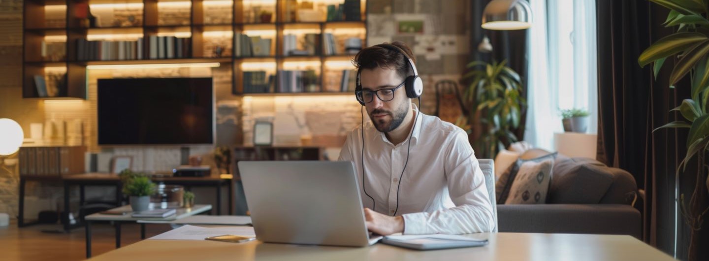 :Mobiles Arbeiten und Homeoffice Weiterbildung: Mitarbeiter arbeitet an einem Laptop in seinem Wohnzimmer