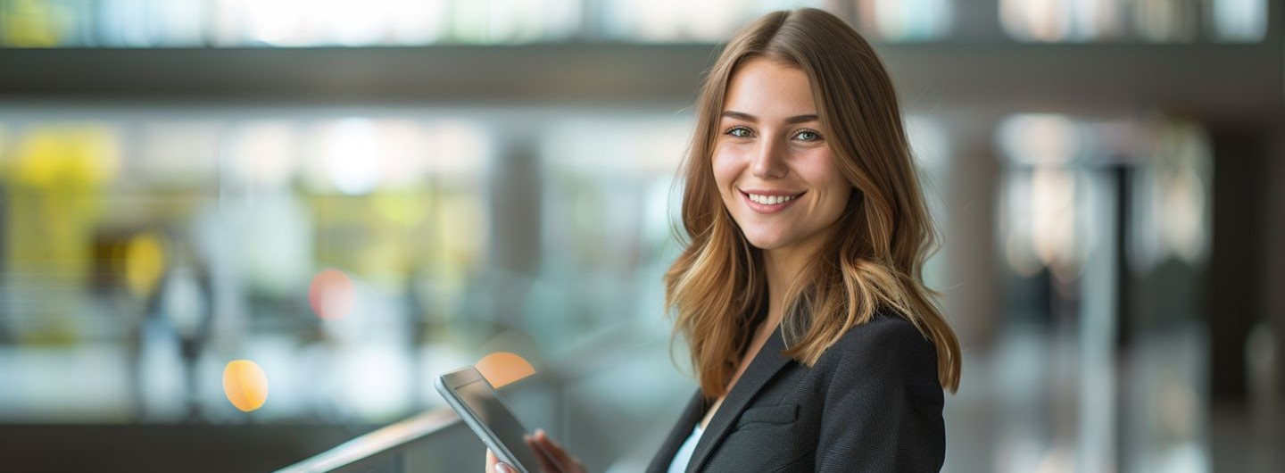 Moderne Telekommunikation Weiterbildung: eine junge Businessfrau hält ein Tablet in der Hand und lächelt in die Kamera