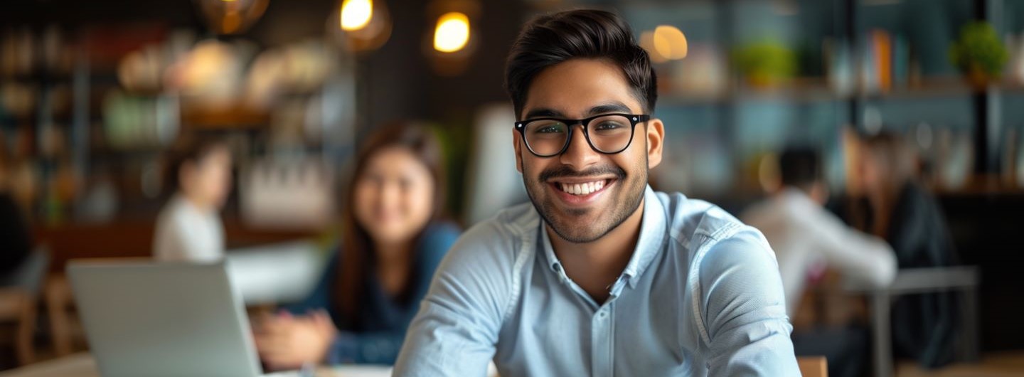 New Work Consultant Weiterbildung: Berater sitzt lächelnd in einem Büro vor Kollegen