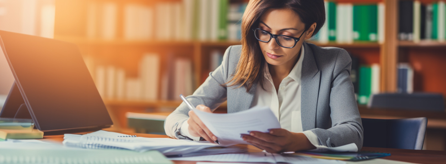 Öffentliche Verwaltung Studium: eine Geschäftsfrau sitzt am Schreibtisch und macht Buchhaltung