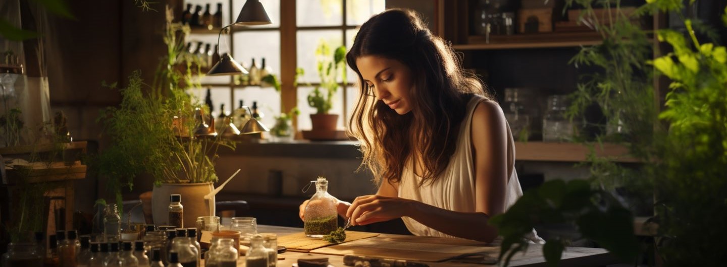 Phytotherapie Weiterbildung: Eine junge Phytotherapeutin mixt eine Tinktur in ihrer Praxis