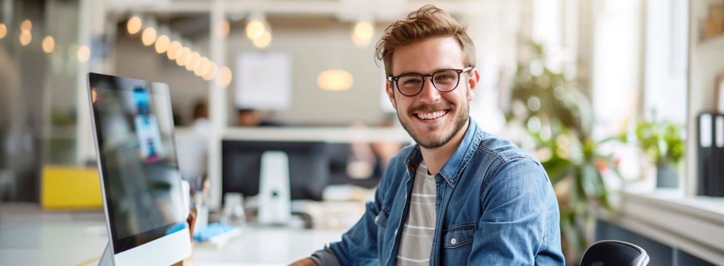 Programmatic Advertising Weiterbildung: eine Online Marketing Manager sitzt an seinem PC und lächelt in die Kamera