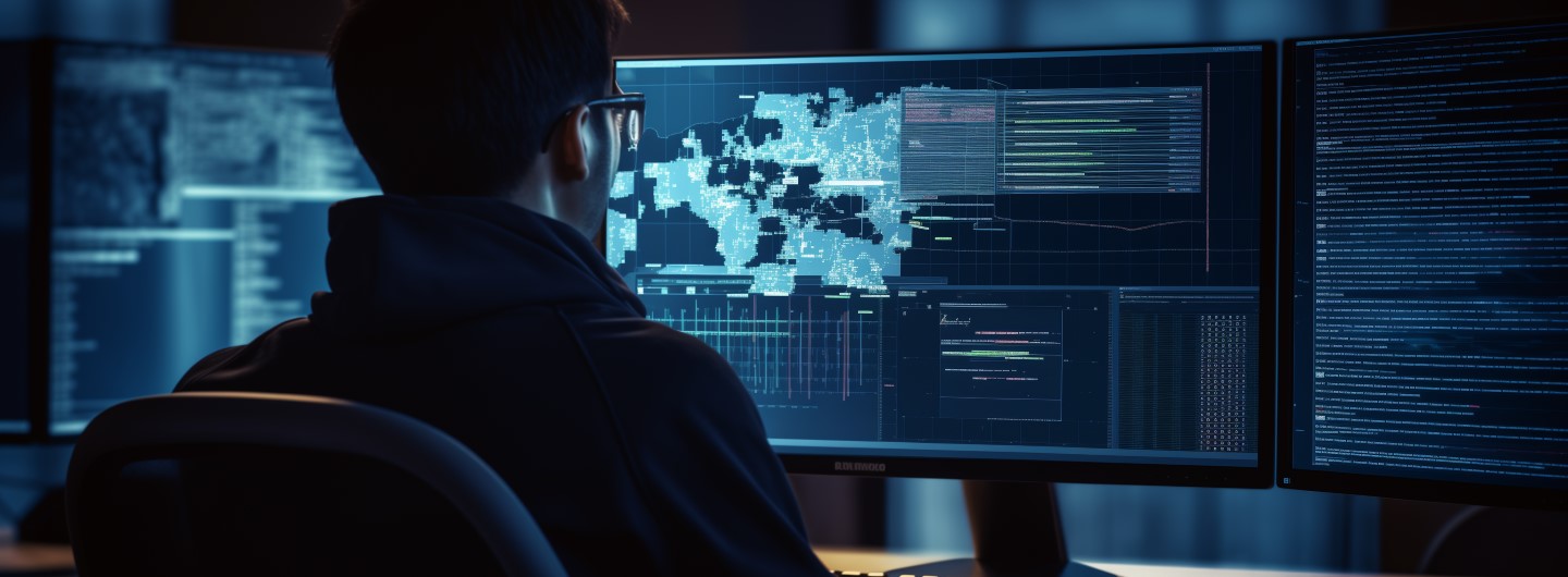 Programmierer sitzt an mehreren Bildschirmen und scheibt ein Softwareprogramm