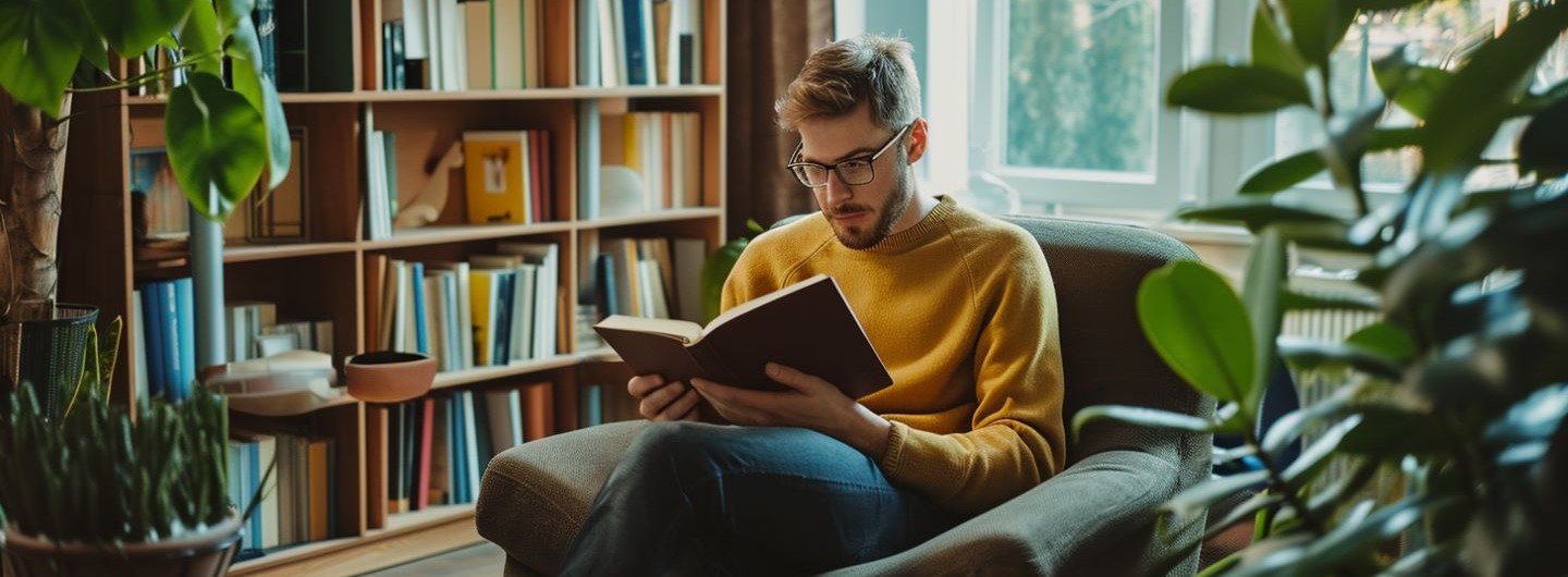 Religionsphilosophie Weiterbildung: Ein junger Religionsphilosoph liest die Bibel in seinem Home Office