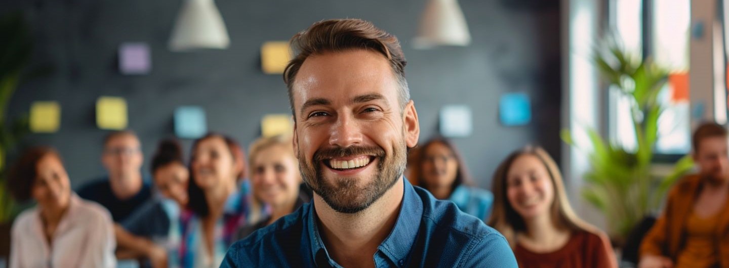 Resilienz Coach Weiterbildung: Männlicher Coach steht lächelnd vor einer kleinen Arbeitsgruppe
