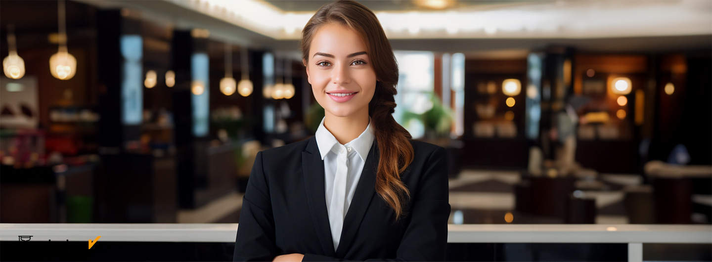 Hotelmanagerin steht lächelnd in der Eingangshalle eines Hotels