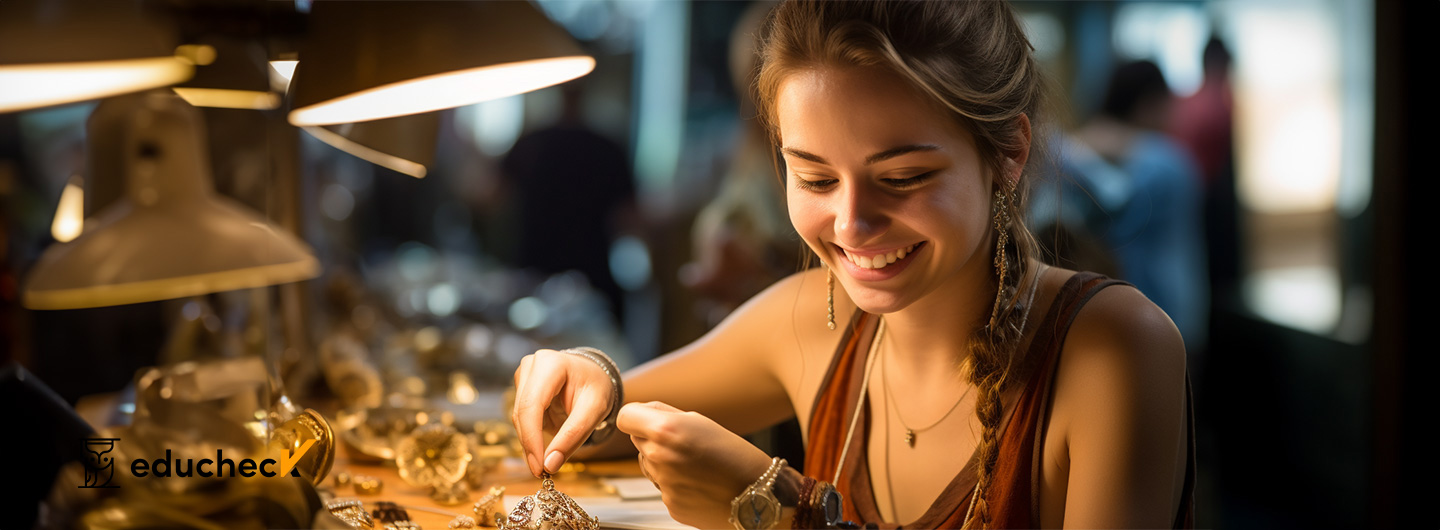 Schmuckdesign Ausbildung: eine lächelnde junge Frau arbeitet mit Schmuck