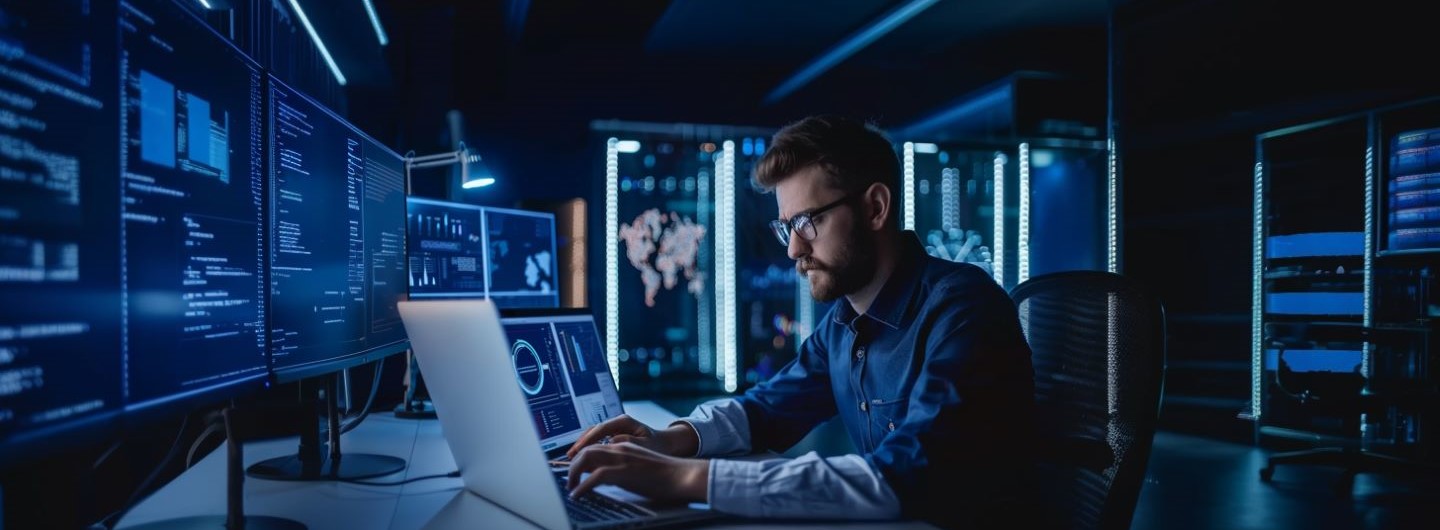 Software Analyst sitzt an einem Schreibtisch und arbeitet an einem Laptop