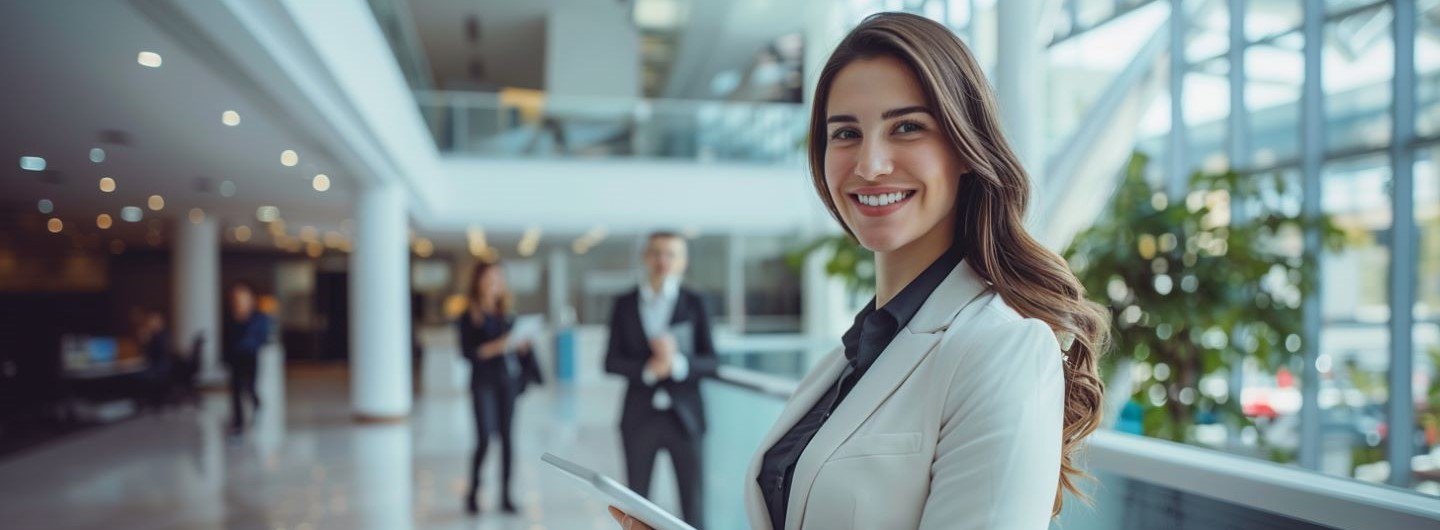 Service Management Weiterbildung: eine Service Managerin steht in der Lobby einer Firma mit einem Tablet in der Hand und lächelt in die Kamera