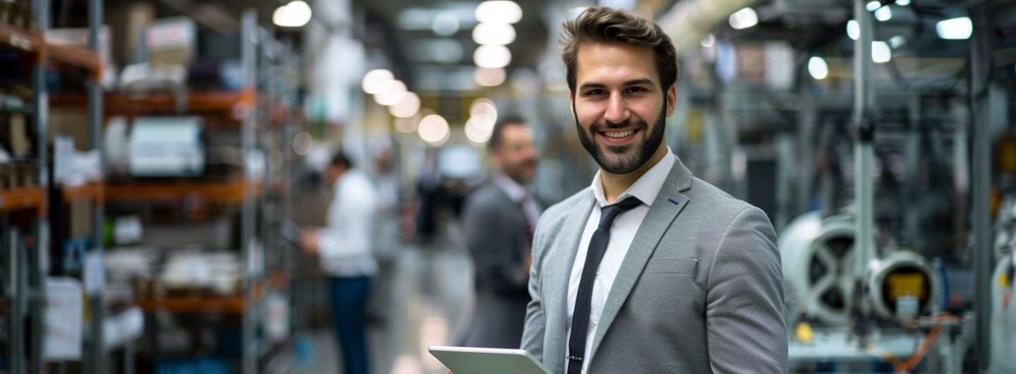 Smart Factory Manager Weiterbildung: ein junger Smart Factory Manager steht mit einem Tablet in einer Produktionshalle