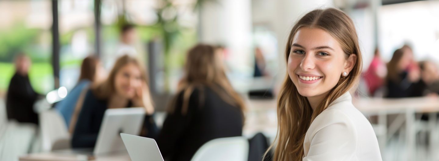 Smart Solution Engineer Weiterbildung: Frau arbeitet an einem Laptop in einem modernen Büro