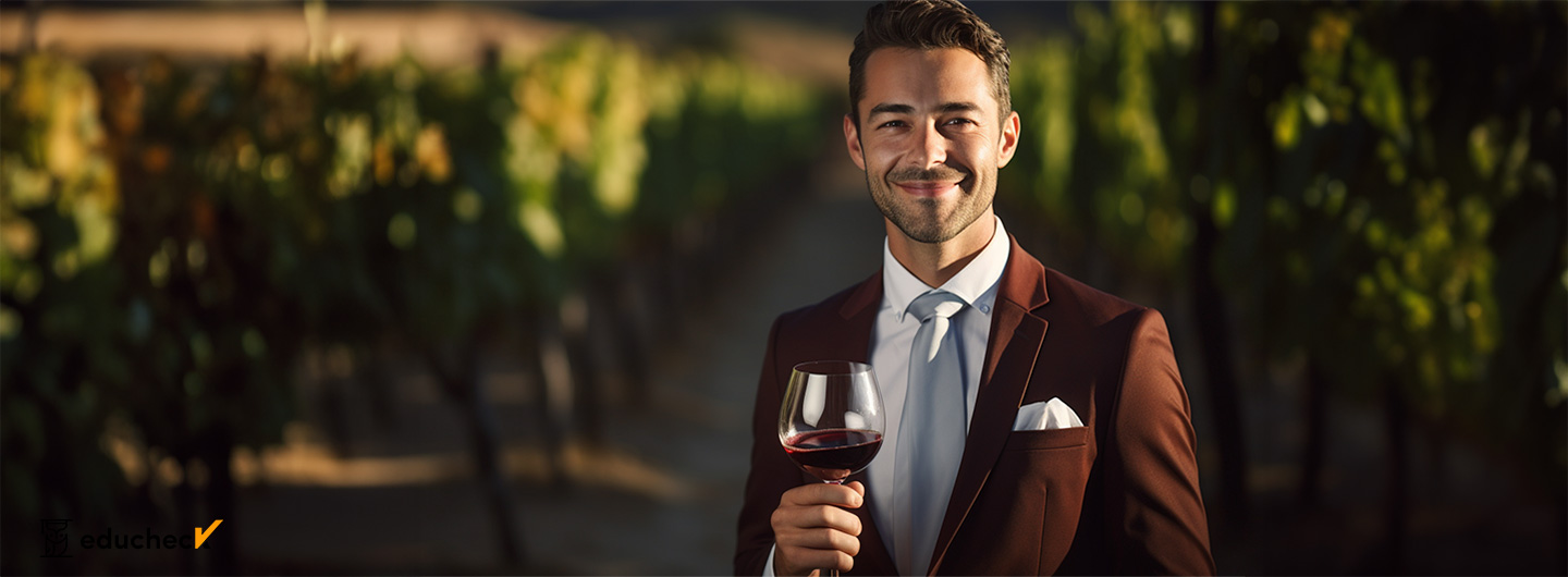 Sommelier lächelt und hält ein Glas Rotwein in der Hand