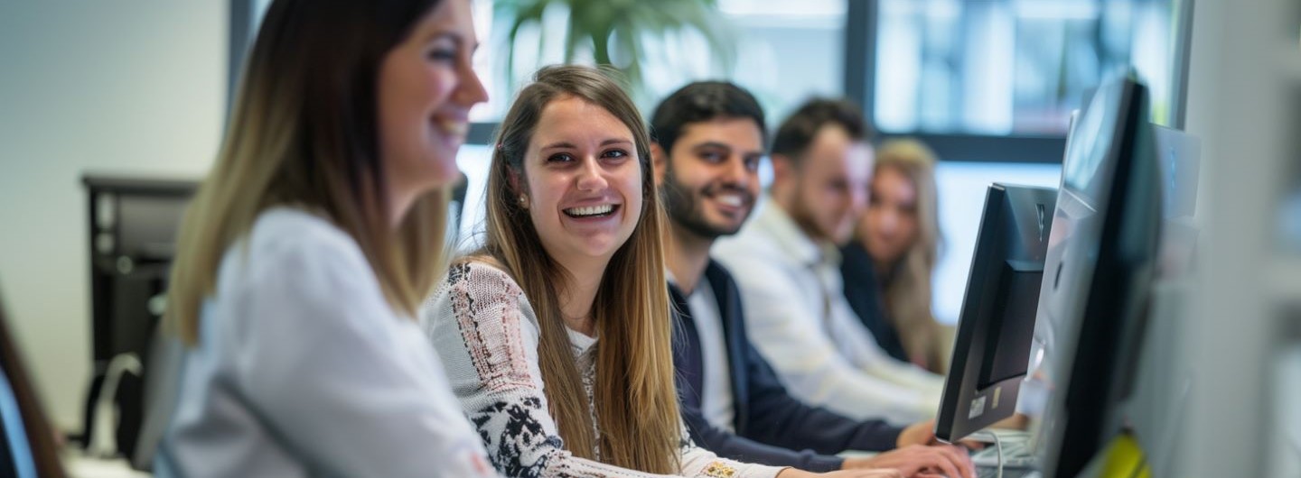 Soziale Kompetenz Weiterbildung: Lächelnde Kollegen arbeiten zusammen in einem Büro