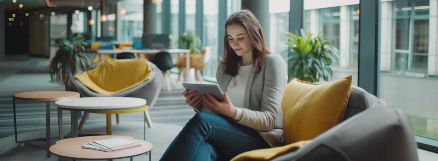 Speed Reading Weiterbildung: eine junge Frau sitzt in einer modernen Lobby und liest auf dem Tablet