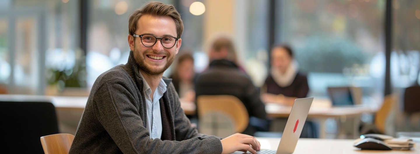 Statistical Analyst Weiterbildung: Mann mit Brille sitzt lächelnd an einem Schreibtisch am Laptop