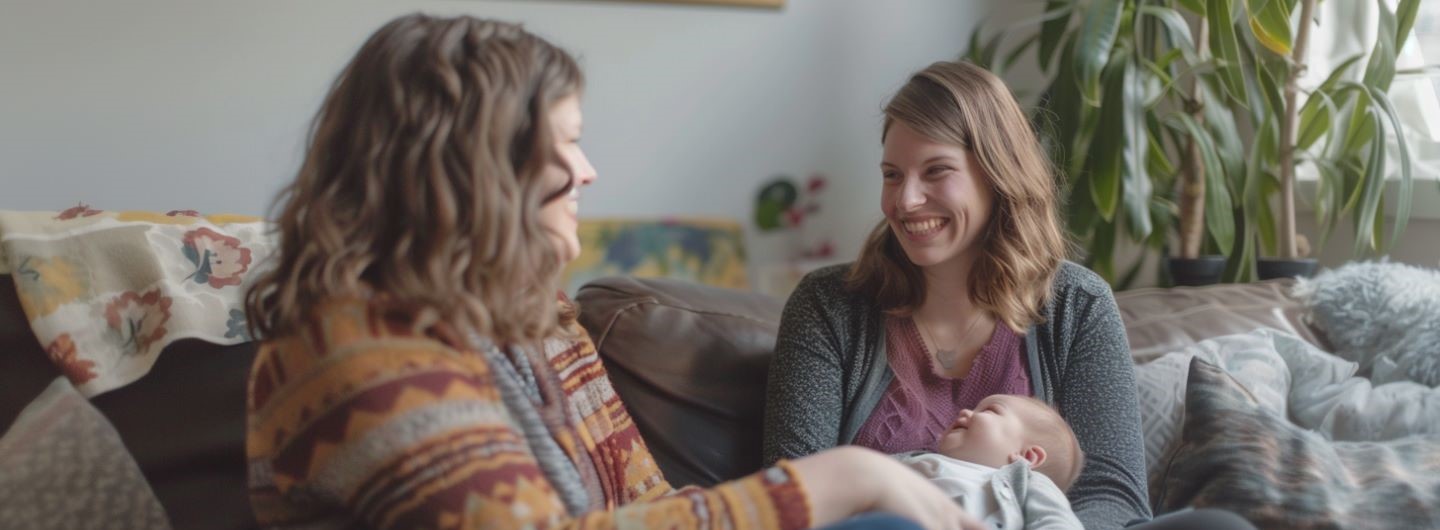 Stillberater Weiterbildung: Ein Stillberaterin berät eine junge Mutter, die ihr Baby auf dem Schoß liegen hat