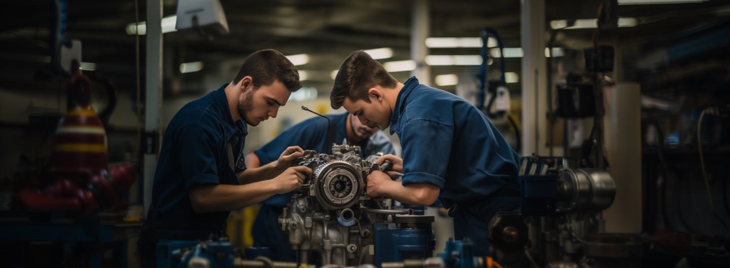Zwei Techniker arbeiten im Maschinenbau an einem Motor