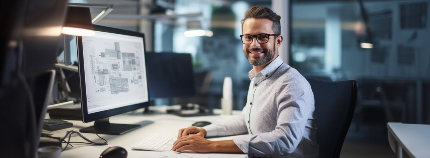 Technisches Zeichnen CAD Weiterbildung: ein technischer Zeichner sitzt am Computer, arbeitet mit CAD und lächelt in die Kamera