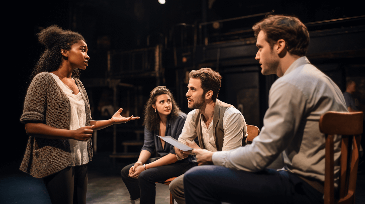 Theaterpädagogik Studium: eine Gruppe von jungen Kreativen sitzt auf einer Bühne und diskutiert