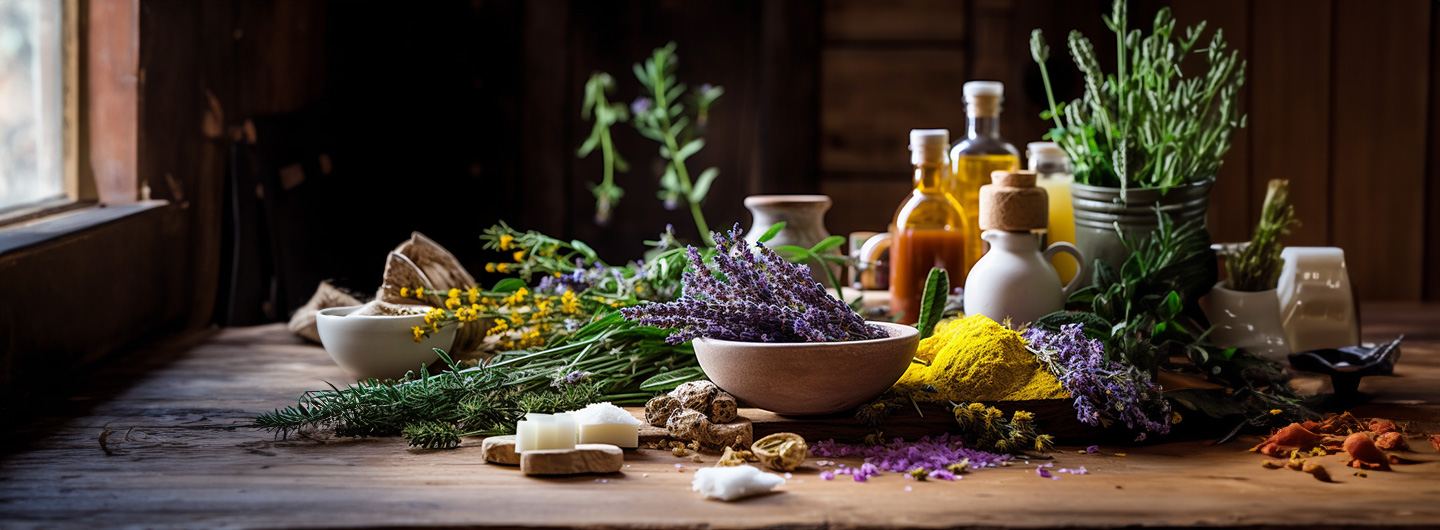 Traditionelle Europäische Medizin Ausbildung: ein Holztisch mit verschiedenen Heilkräutern