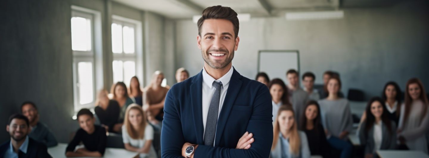 Train the Trainer Weiterbildung: ein Coach steht vor seiner Klasse und lächelt in die Kamera