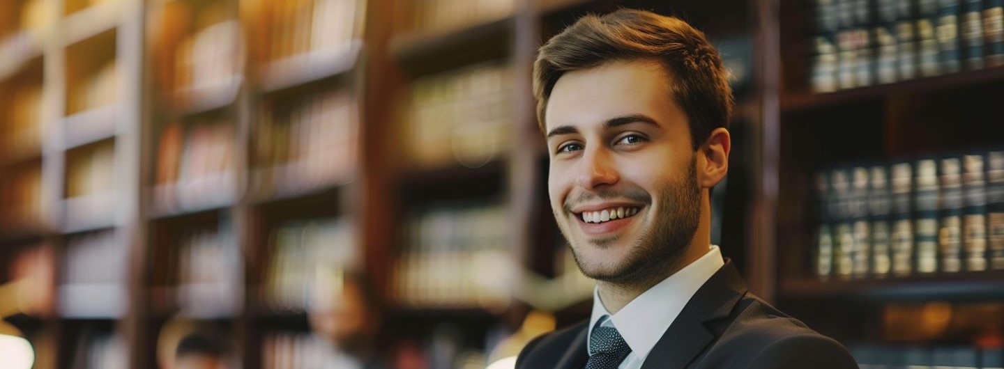 Vertragsrecht Studium: Mann im Anzug steht in einer Bibliothek vor Bücherregalen