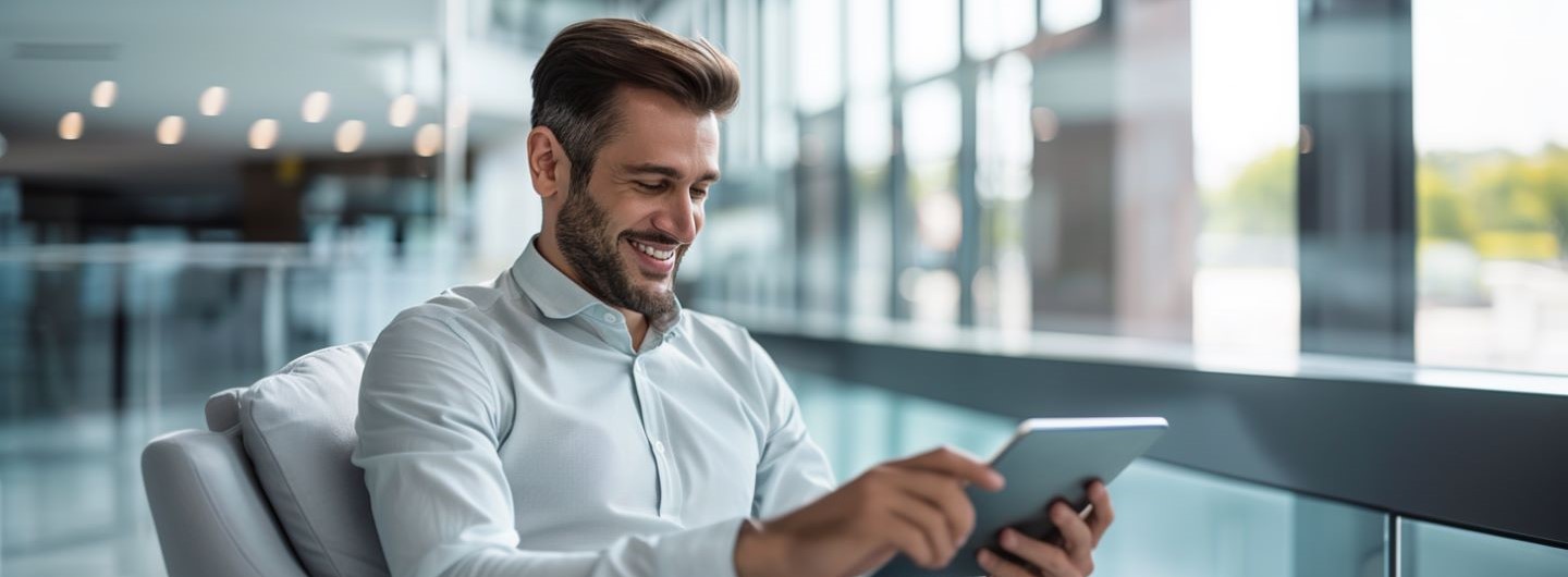 Zeitgemäße Korrespondenz Weiterbildung: ein Businessmann sitzt in einer modernen Lobby mit einem Tablet in der Hand