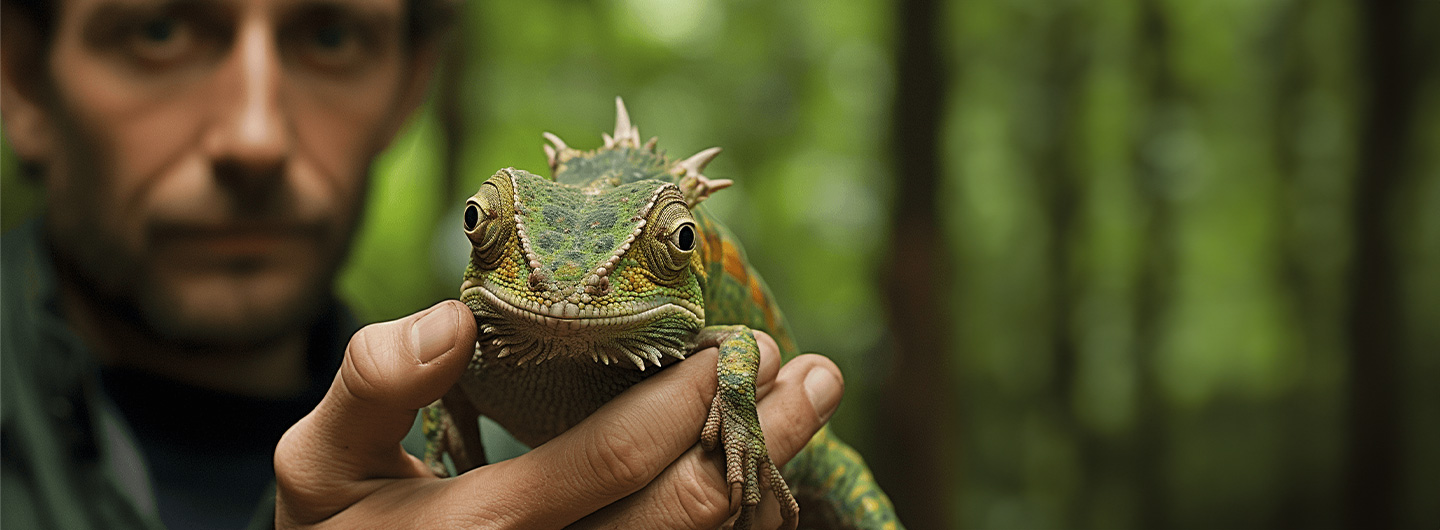 Zoologe befindet sich in einem Wald und hält ein Owens Chamäleon in der Hand