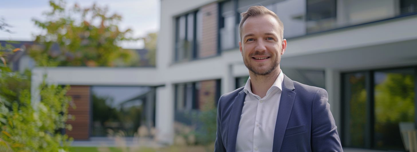 ein Immobilienmakler steht vor einem modernen Haus