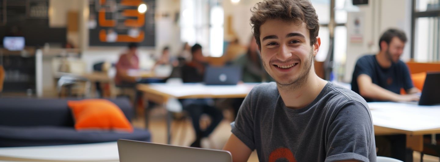 ein Student sitzt in einem Coworking Space an seinem Laptop