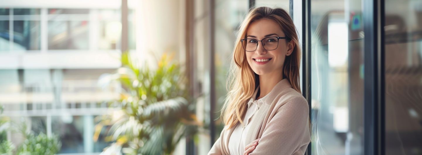 eine Businessfrau steht in einem sonnigen Büro und lächelt in die Kamera