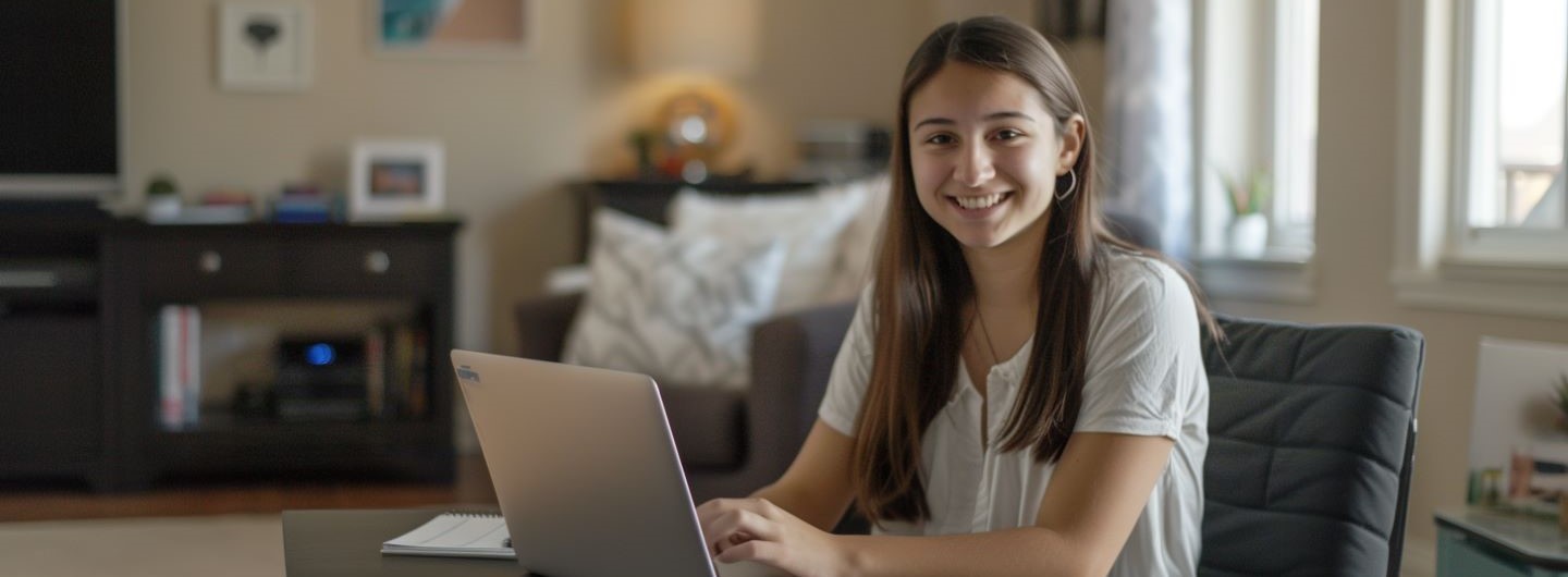 eine junge Frau sitzt am Laptop in ihrem Wohnzimmer und lernt