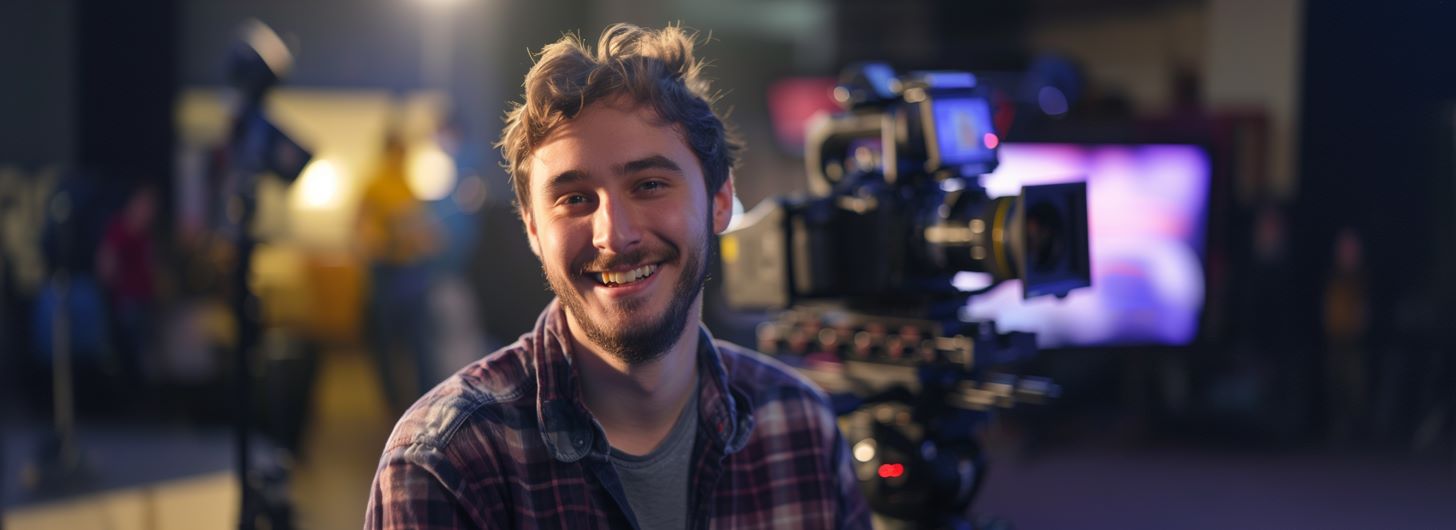 Video Marketing Weiterbildung: ein Video Producer lächelt in die Kamera, im Hintergrund eine Videoproduktion